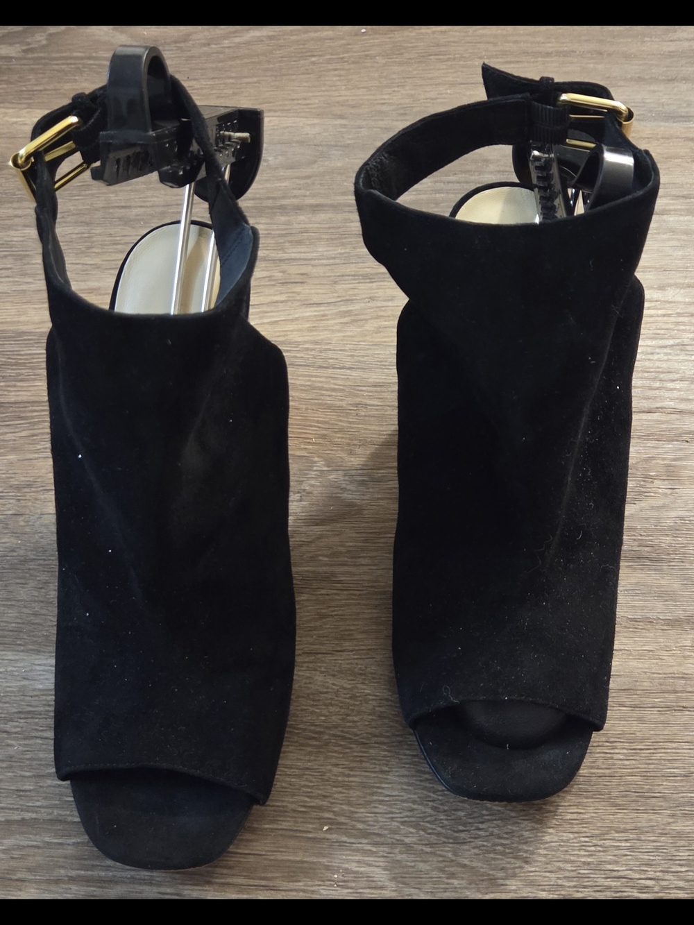 kate spade Black Suede Open-Toe Ankle Mules with Gold Buckles